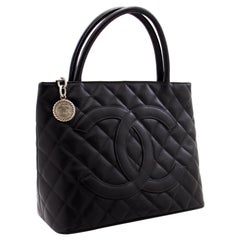 CHANEL Silver Medallion Caviar Shoulder Shopping Tote Bag Black