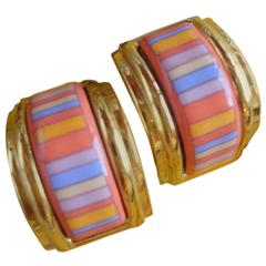 MINT. Vintage Hermes cloisonne golden earrings in pink, blue, orange stripe