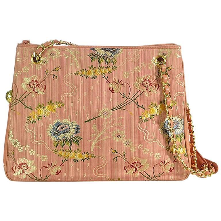 Vintage CHANEL Japanese kimono, obi fabric and pink leather chain tote bag.  Rare