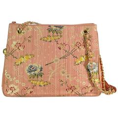 Vintage CHANEL Tragetasche aus japanischem Kimono, obi-Stoff und rosa Lederkette. Seltene