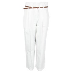 BRUNELLO CUCINELLI white cotton CRINKLED BELTED TAPERED Pants 42 M