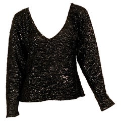 Black Sequin Wool Knit Pullover V Neck Sweater