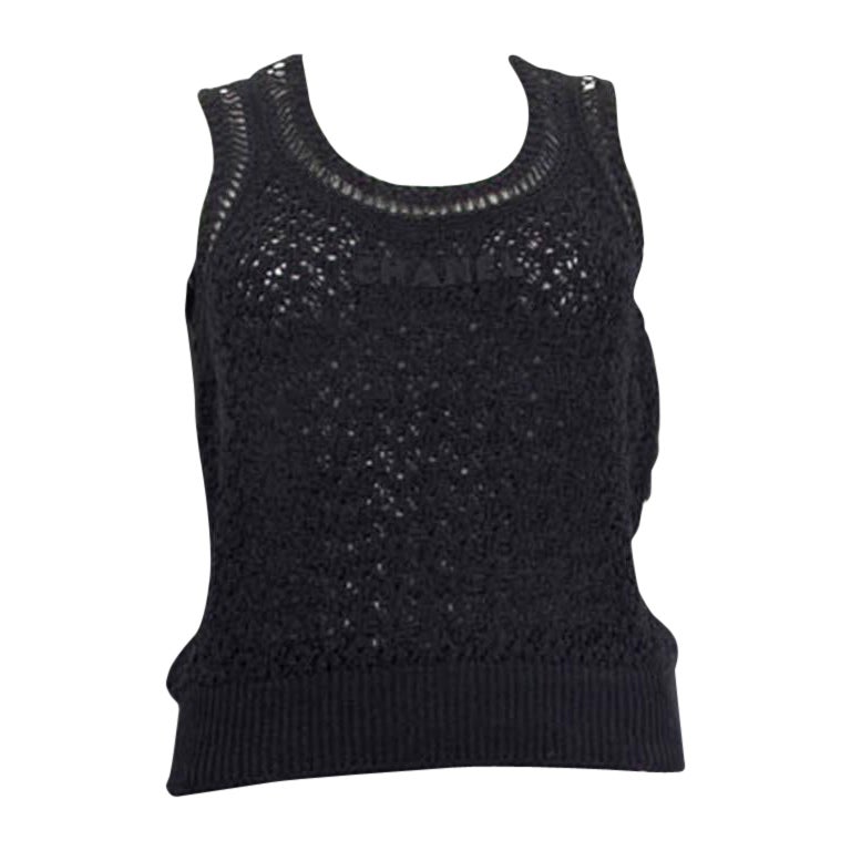 CHANEL black SHEER STAR LACE Cap Sleeve Blouse Shirt M For Sale at 1stDibs