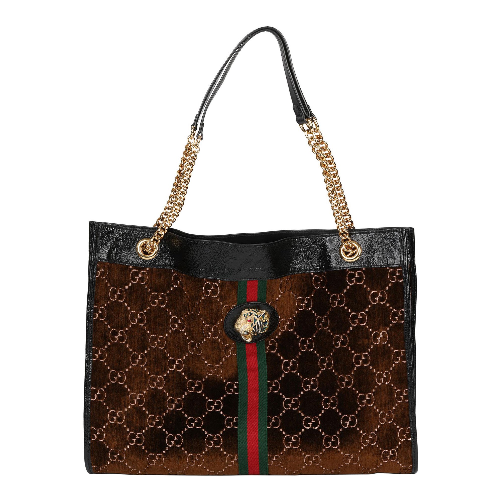 Gucci Brown GG Velvet & Black Patent Leather Large Rajah Tote Bag