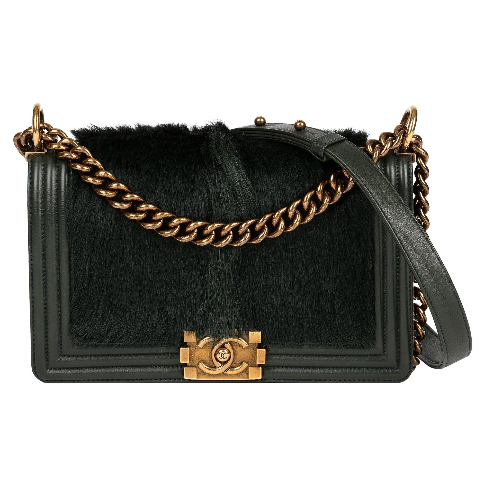 Chanel Green Lambskin Leather and Goat Fur Medium Le-Boy Bag at 1stDibs