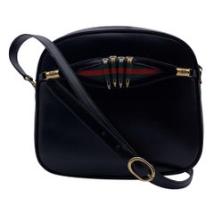 Gucci Vintage Black Leather Gold Tie Crossbody Messenger Bag
