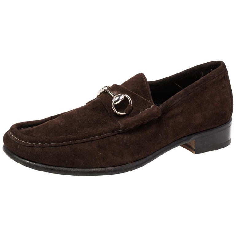 Gucci Dark Brown Suede Horsebit Loafers Size 42 at 1stDibs | brown suede gucci  loafers