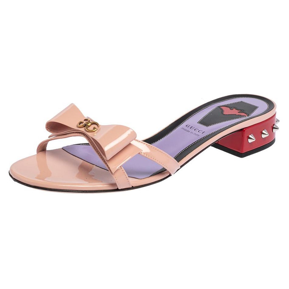 Gucci Multicolor Patent Leather GG Bow Sadie Spike Slide Sandals Size 40