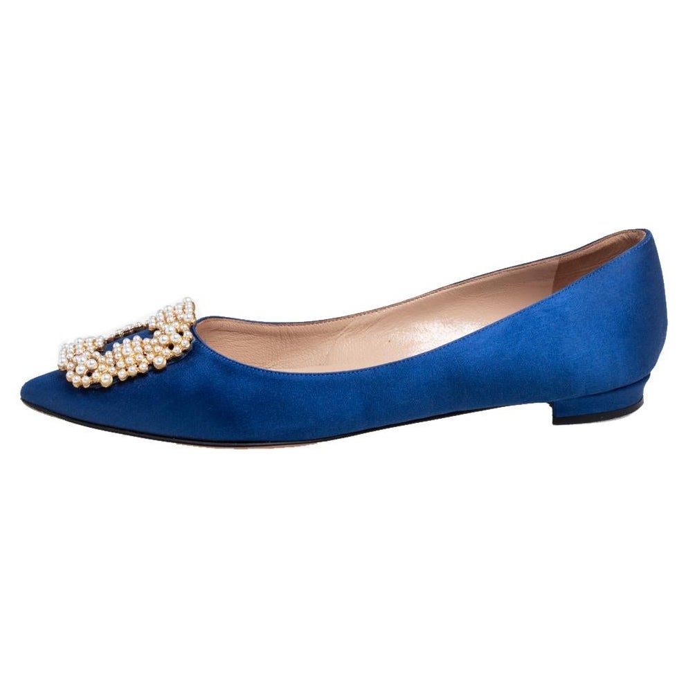 Manolo Blahnik Blue Satin Hangisi Pearl Embellished Flats Size 36
