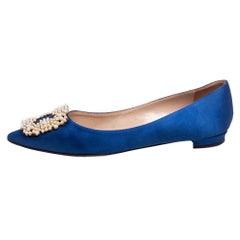 Used Manolo Blahnik Blue Satin Hangisi Pearl Embellished Flats Size 36