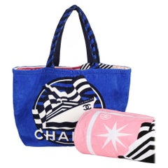 Chanel Blue, White & Black Towelling La Pausa Beach Tote with Beach Towel