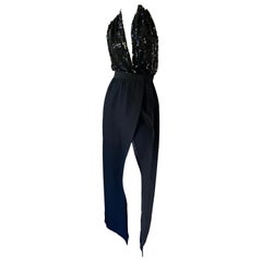 Michael Kors Vintage 90's Black Sequin Plunging Wrap Style Halter Dress