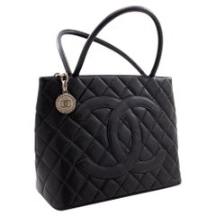CHANEL Silver Medallion Caviar Shoulder Shopping Tote Bag Black