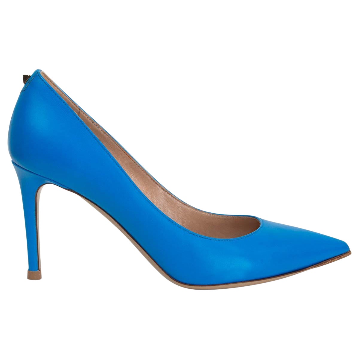 VALENTINO cyan blue leather ROCKSTUD 85 Pointed Toe Pumps Shoes 37.5 For Sale