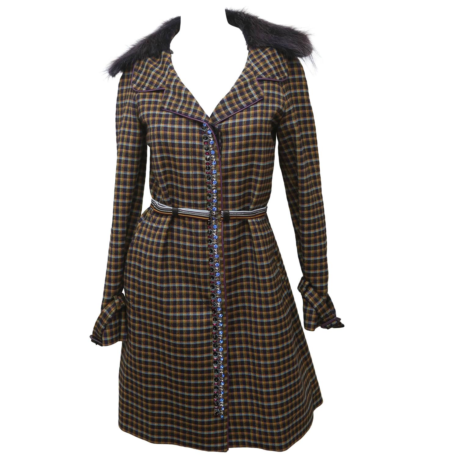 Prada Purple Multicolor Plaid Coat with Belt and Fur Collar For Sale at ...