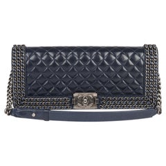 Chanel Navy Quilted Distressed Calfskin Leather Chain Around Long Le Boy COC