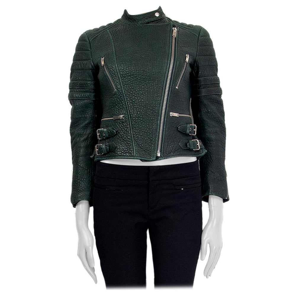 CELINE dark green leather BIKER Jacket 36 XS For Sale