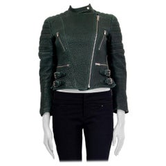 CELINE - Veste BIKER en cuir vert foncé, taille 36 XS