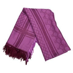 GUCCI Purple Monogram Cotton Fringe Scarf