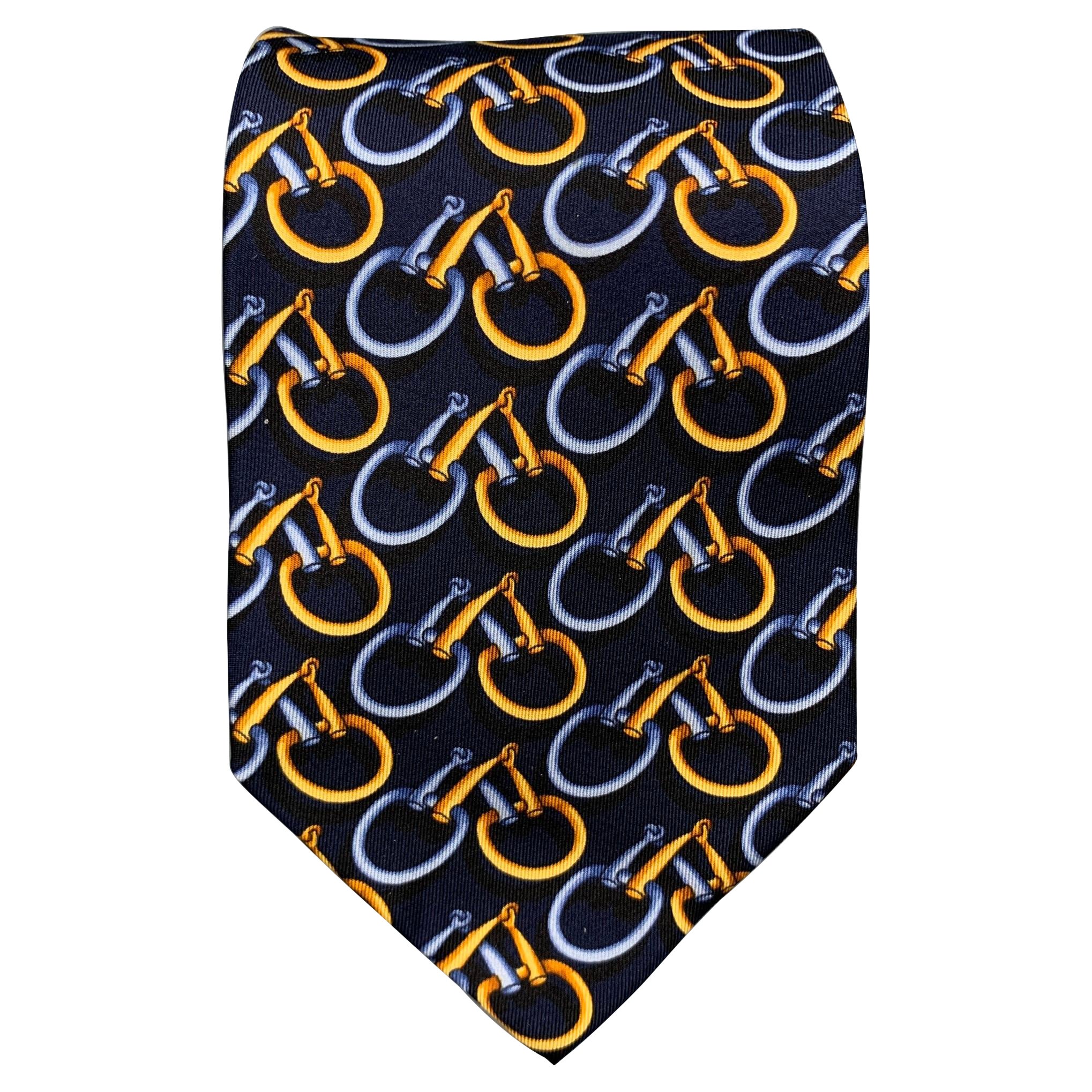 GUCCI Navy & Blue Gold Equestrian Silk Tie