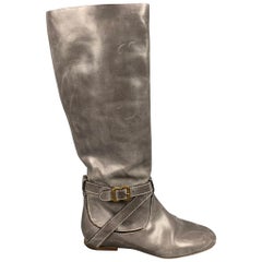 Used CHLOE Size 8.5 Grey Leather Distressed Ankle Strap Julie Boots