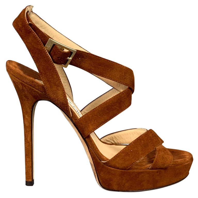 JIMMY CHOO Size 7 Tan Suede Strappy Platform Sandals at 1stDibs