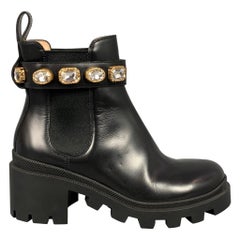 GUCCI Size 5 Black Leather Trip Embellished Ankle Boots