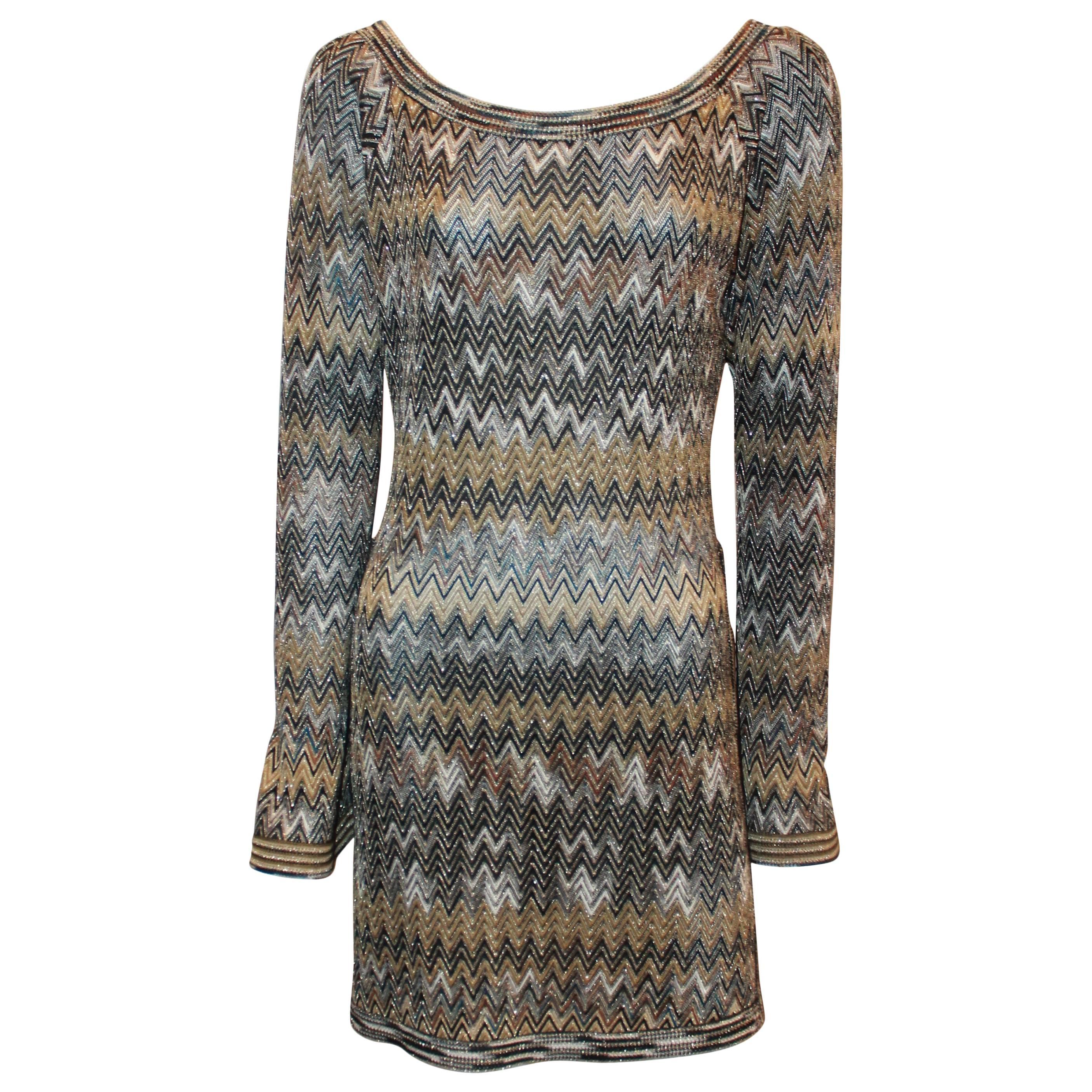 Missoni Vintage Earthtones Chevron Knitted Tunic-Style Dress - S - Circa 70's For Sale