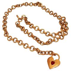 Chanel 1970's Vintage Gold Chain Belt & Necklace with Heart & Red Stone