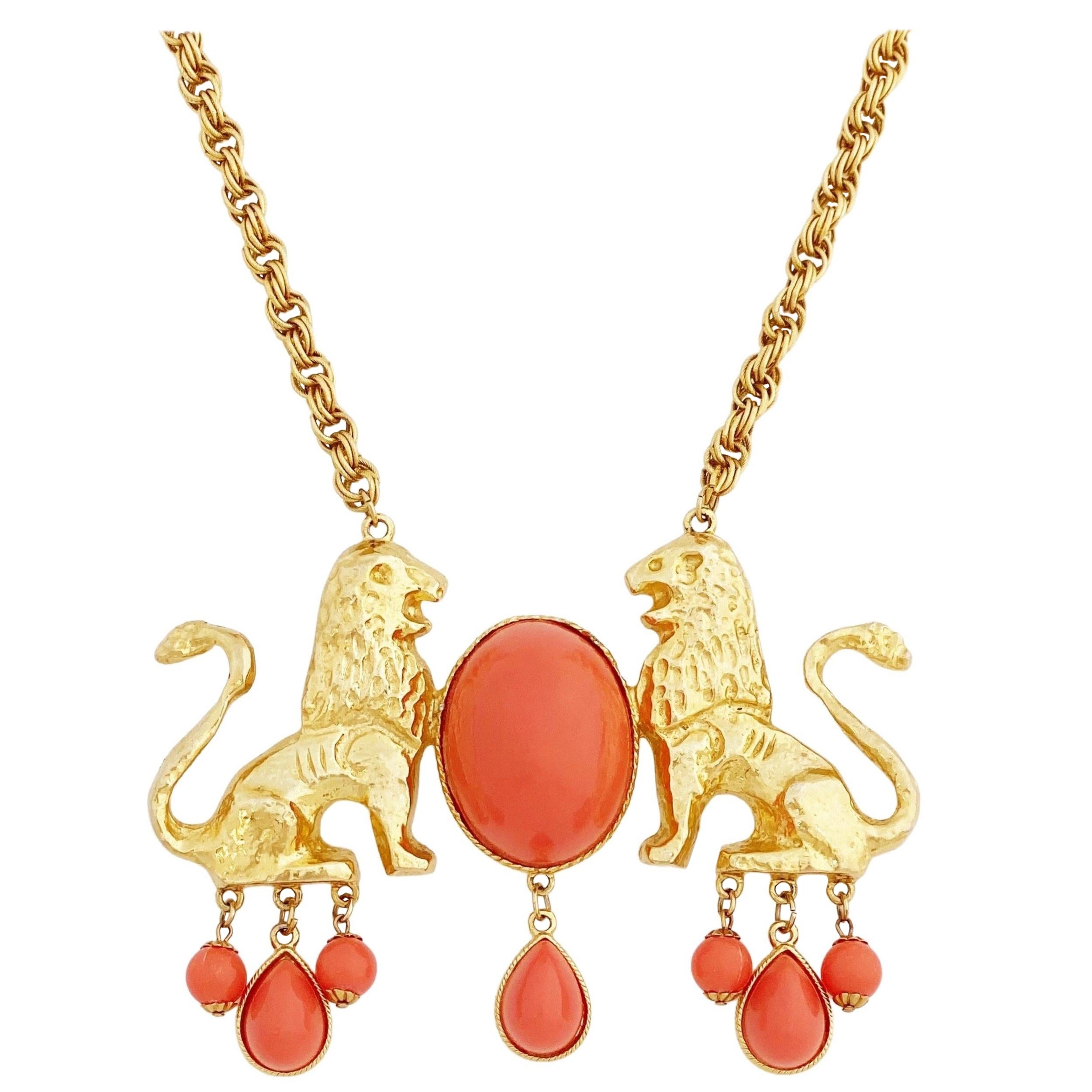 Gilded Twin Lions Statement Necklace with Coral Cabochons by Donald Stannard