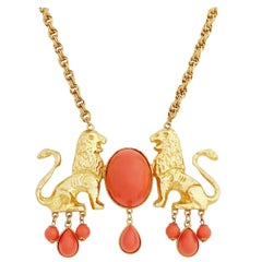 Vintage Gilded Twin Lions Statement Necklace with Coral Cabochons by Donald Stannard