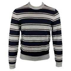 SALVATORE FERRAGAMO Größe M Grau & Marine gestreifter Pullover aus Wolle / Mohair mit Rundhalsausschnitt