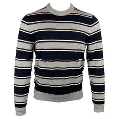 SALVATORE FERRAGAMO Size M Grey & Navy Stripe Wool / Mohair Crew-Neck Pullover