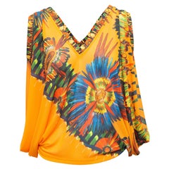 Jean Paul Gaultier Orange & Multicolor Soleil Feather Print Top
