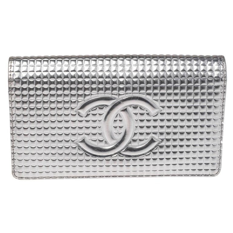 Chanel Metallic Silver Micro Chocolate Bar Leather CC Bifold Long Wallet