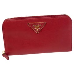 Prada Red Saffiano Leather Zip Around Wallet