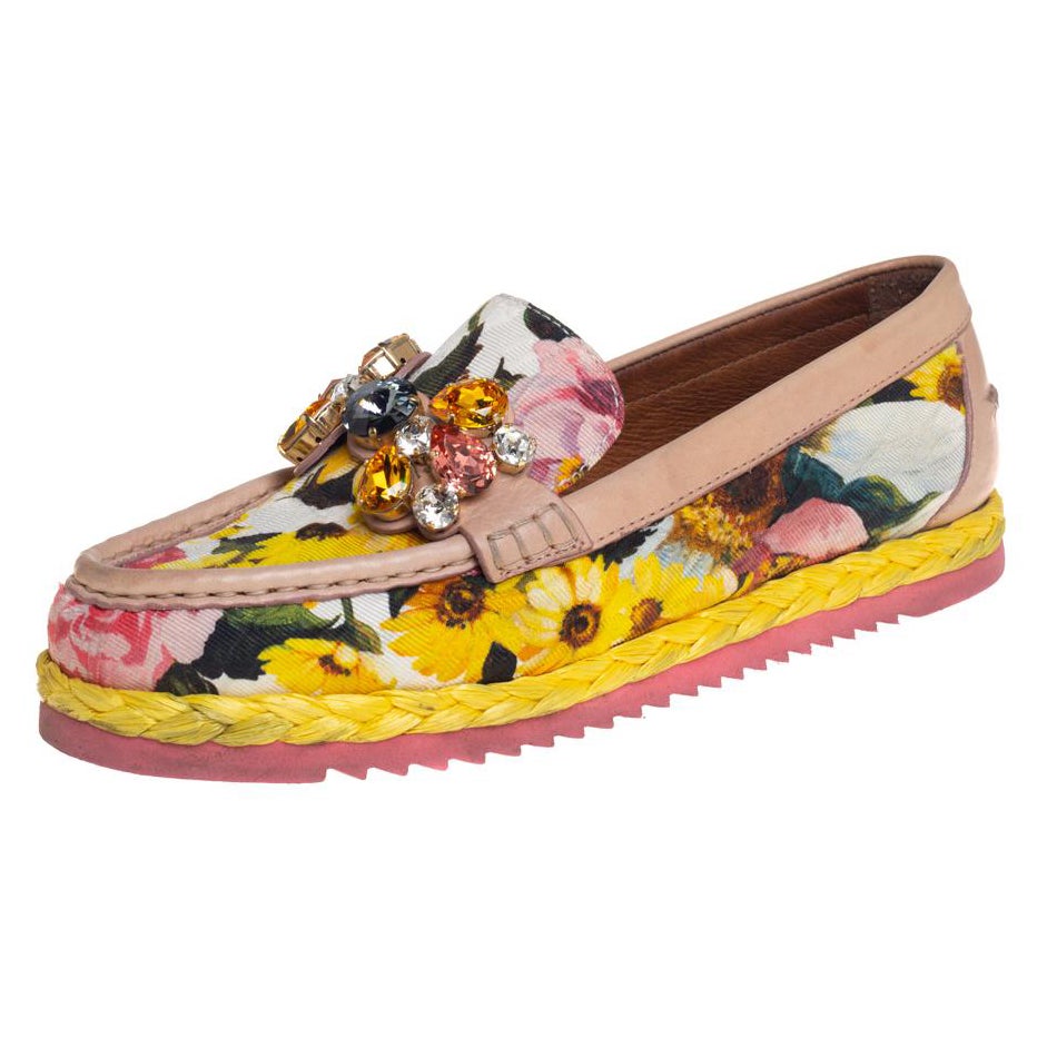 Dolce & Gabbana Multicolor Brocade Fabric Crystal Embellished Loafers Size 37