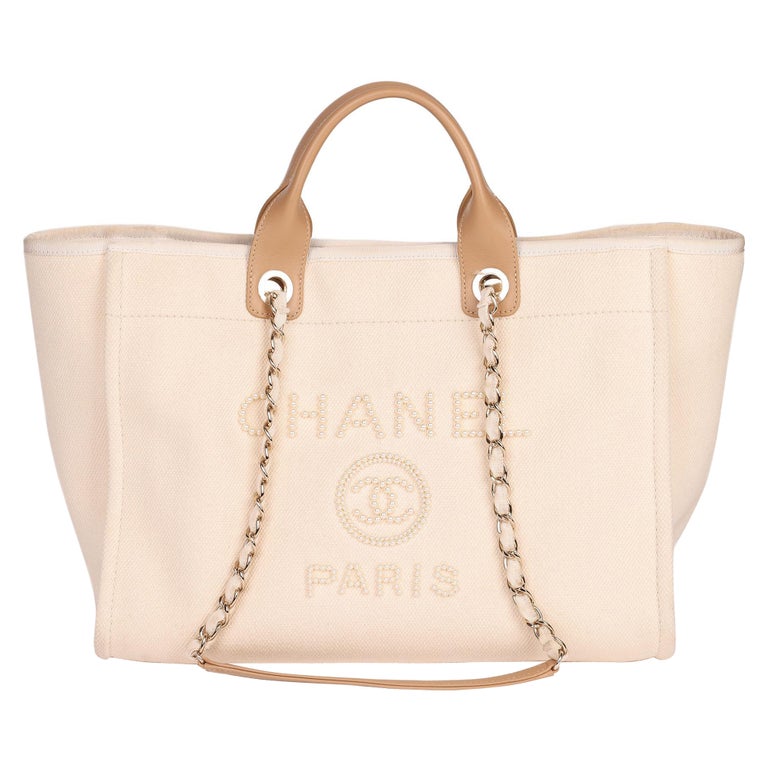 Chanel Ecru Canvas and Tan Lambskin Leather Pearl Medium Deauville Tote