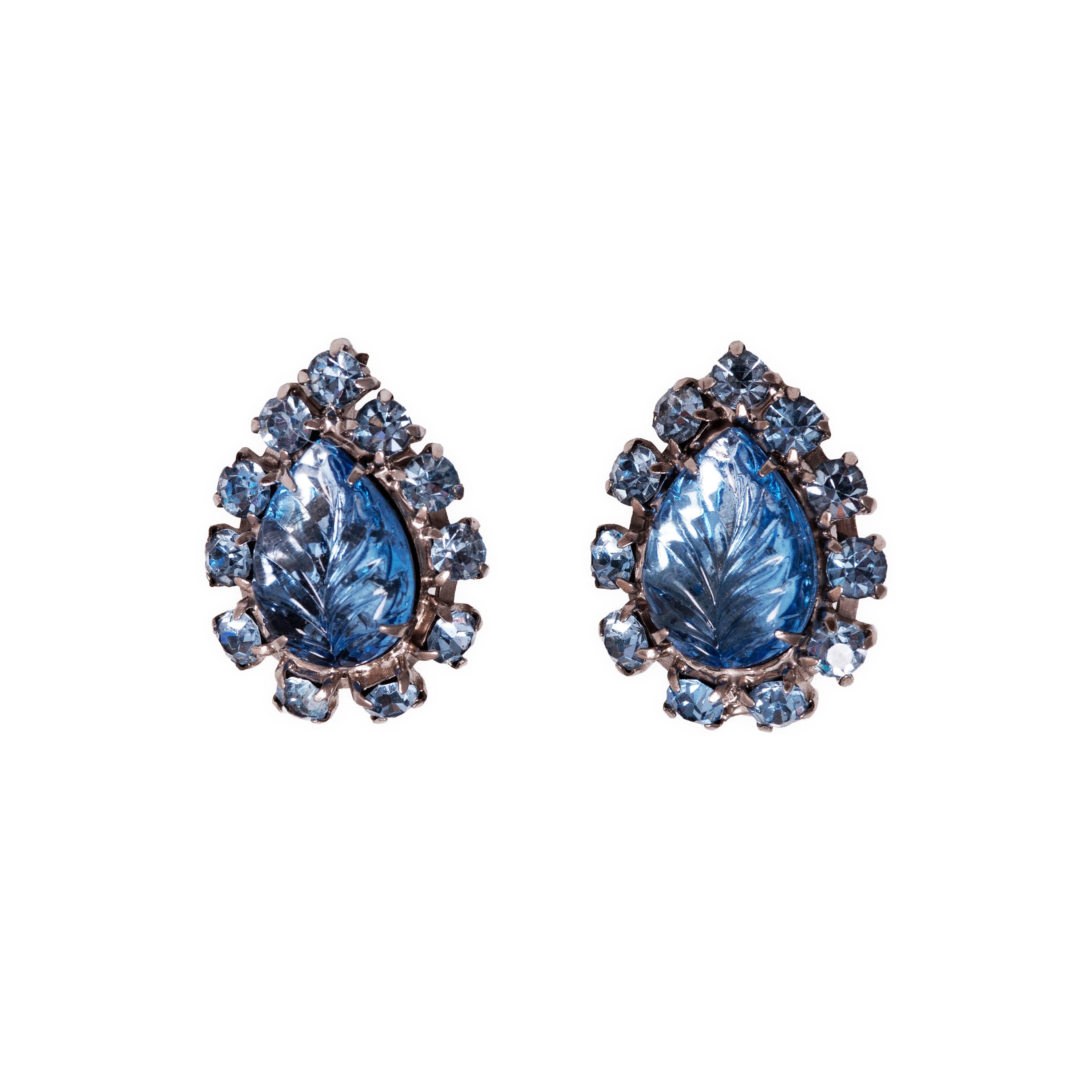 1950s Blue Leaf Motif Diamante & Glass Clip-on Earrings For Sale