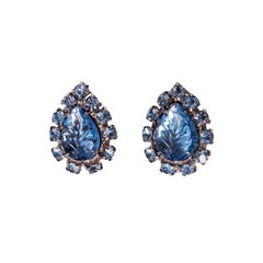 Vintage 1950s Blue Leaf Motif Diamante & Glass Clip-on Earrings