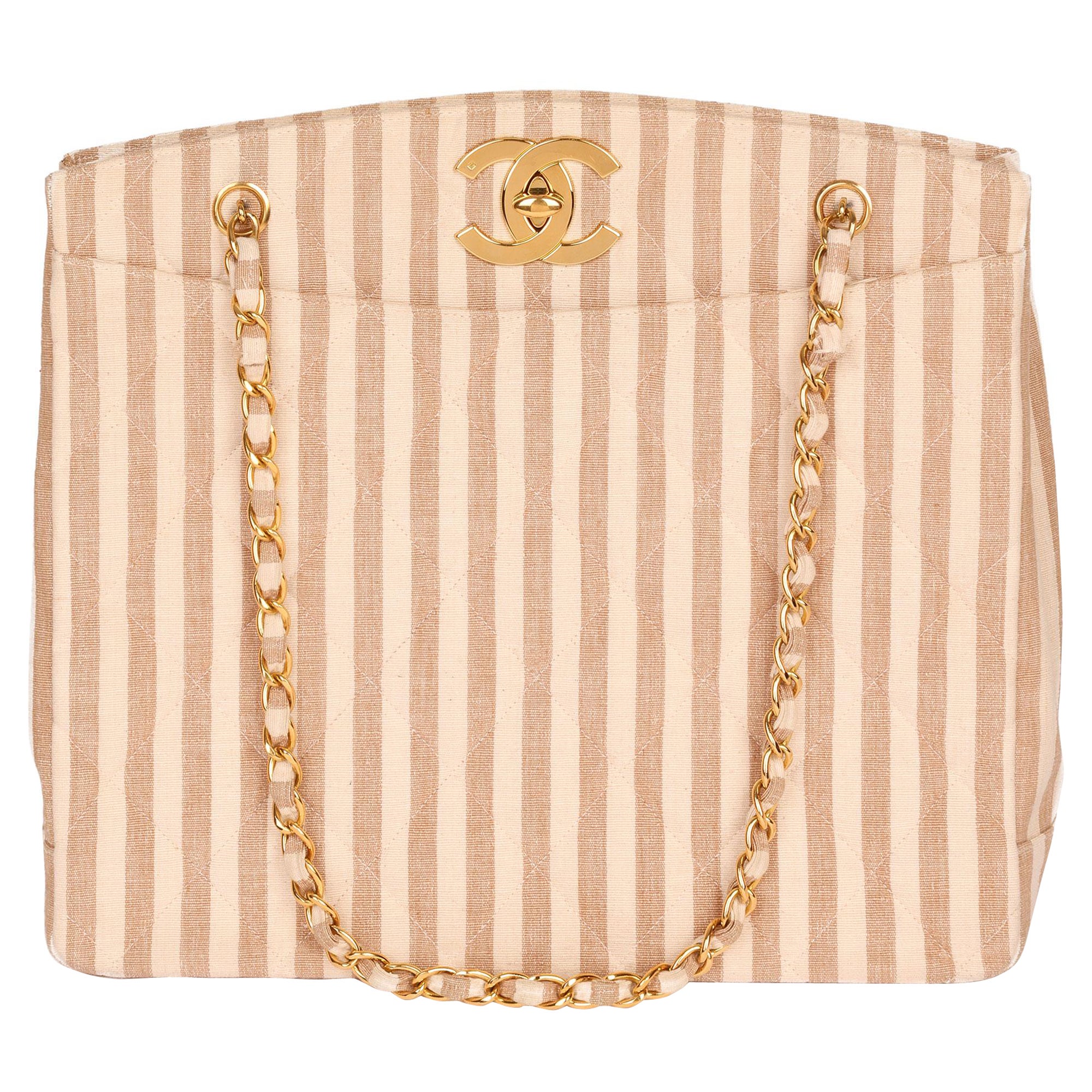 Chanel Beige & Brown Quilted Striped Linen Vintage XL Timeless Shoulder Bag