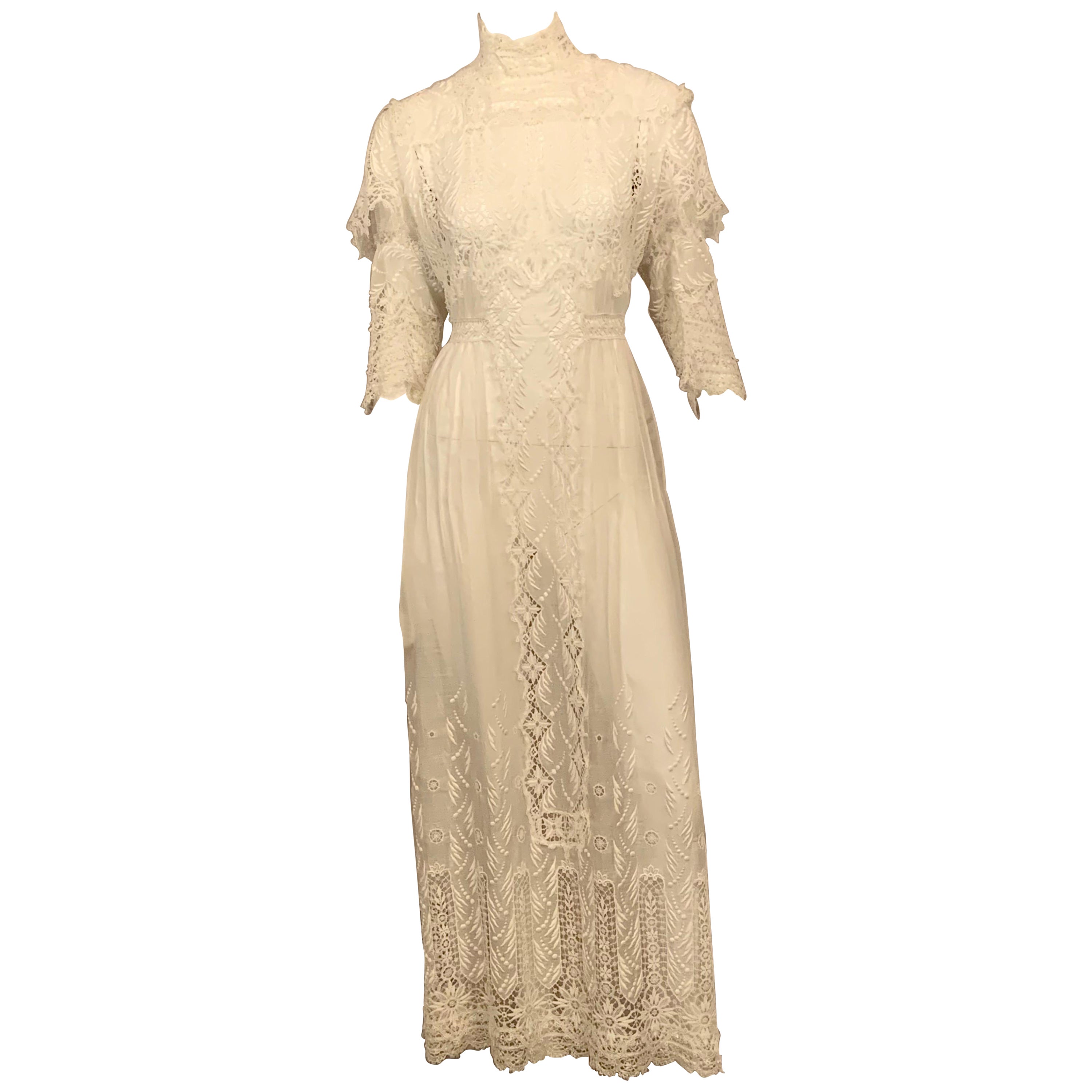 Victorian Bright White High Neck Lace and Embroidered Handkerchief Linen Dress  