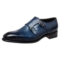 Santoni Blue Leather Double Buckle Derby Monk Size 46