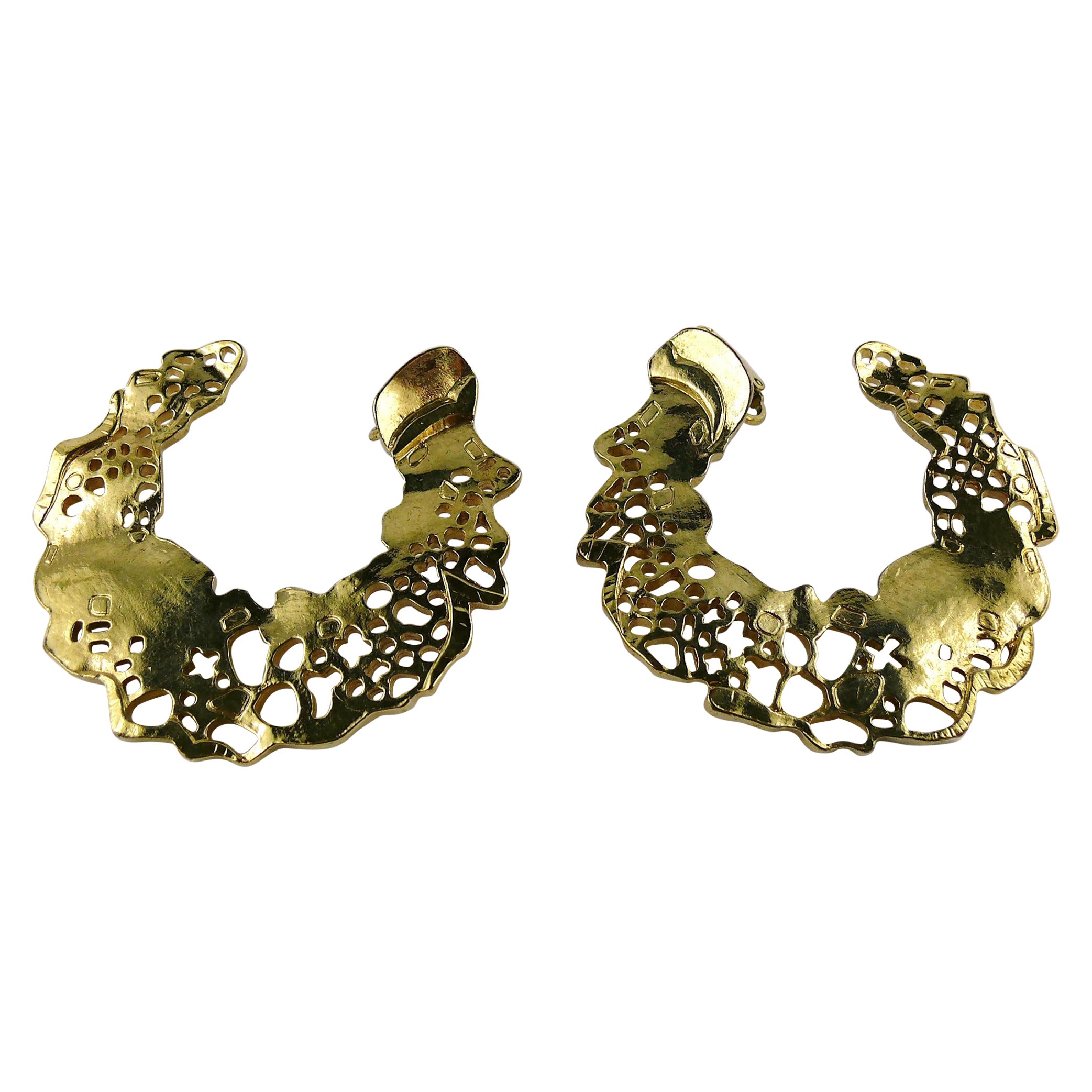 Christian Lacroix Vintage Gold Toned Perforated Design Hoop Earrings