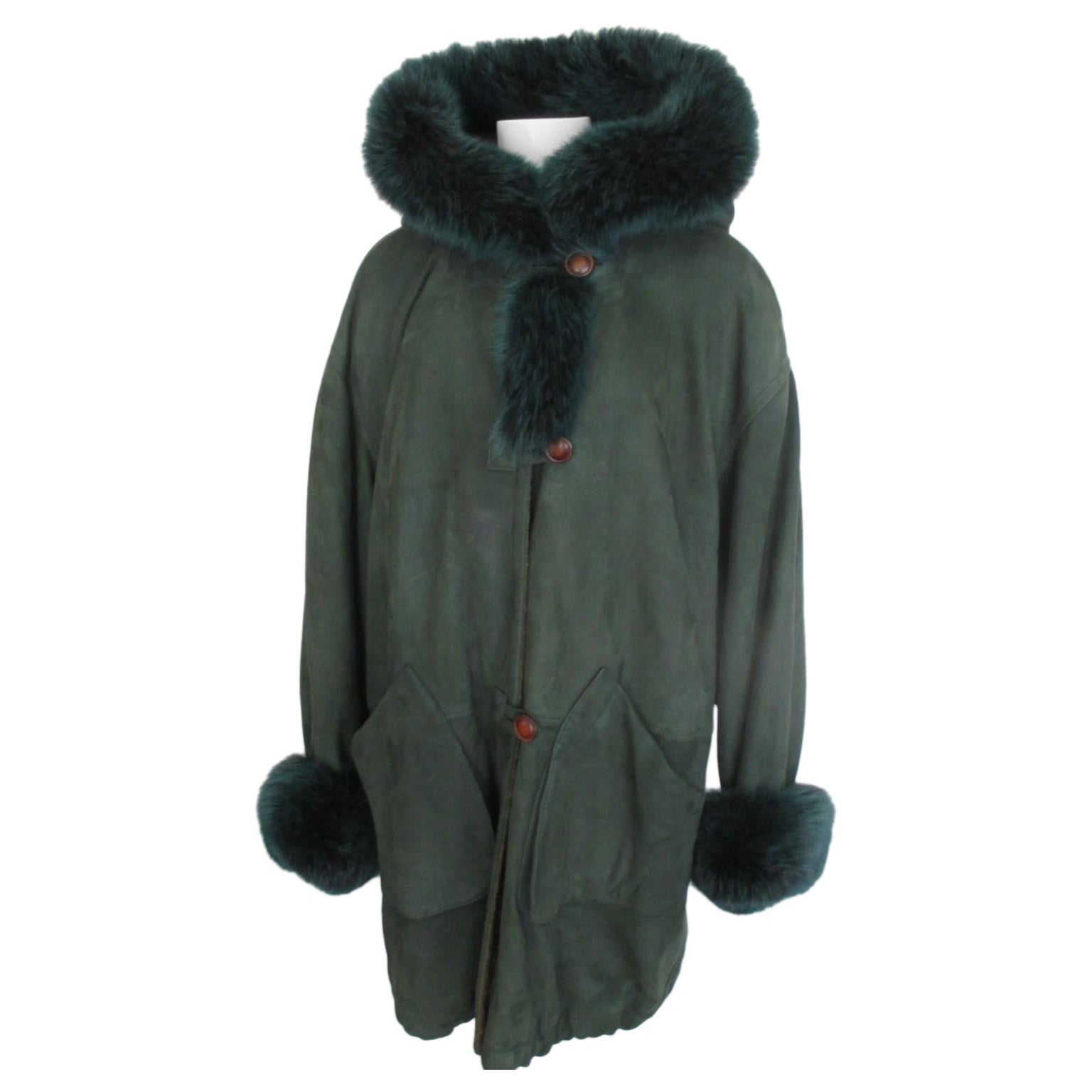 Green Suede Fox Fur Hooded Coat