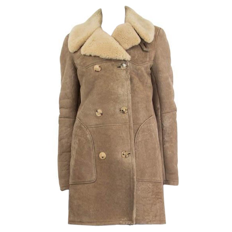 BALMAIN taupe DISTRESSED SUEDE DOUBLE BREASTED SHEARLING Coat Jacket S ...