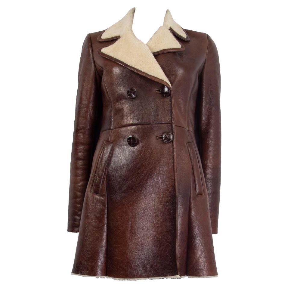 PRADA brown leather & ivory SHEARLING Peacoat Coat Jacket 42 M