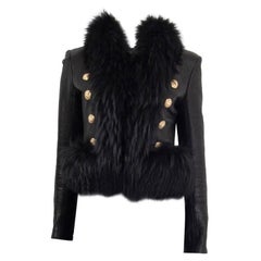 BALMAIN black leather FUR TRIM Jacket 38 S