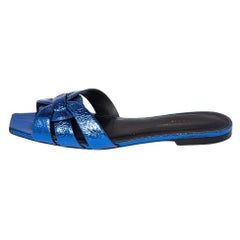 Saint Laurent Meatllic Blue Crinkled Leather Tribute Flat Slides Size 37.5