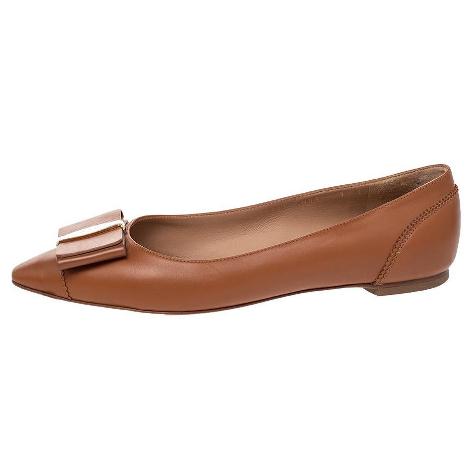 Salvatore Ferragamo Brown Leather Zeri Pointed Toe Ballet Flats Size 39.5